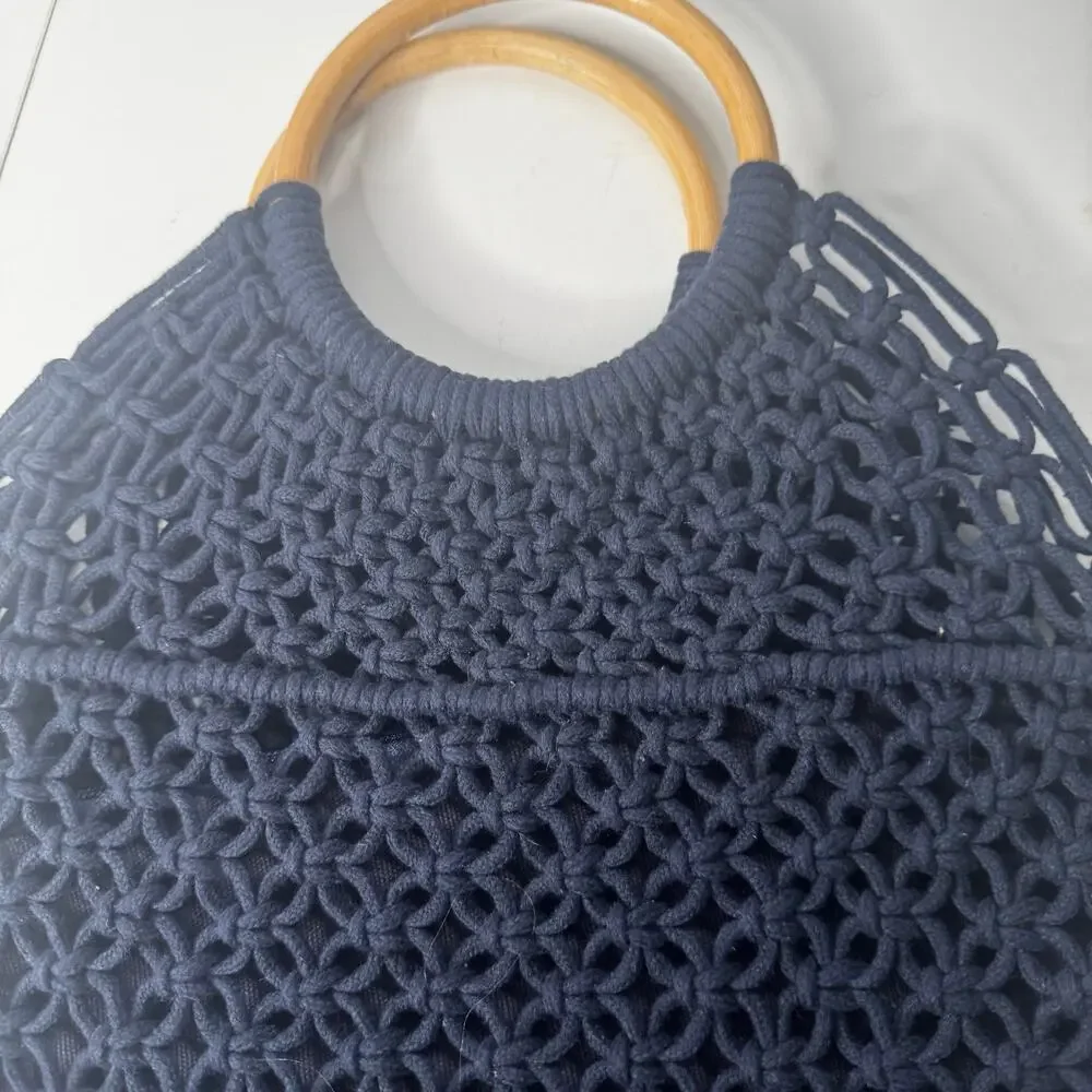Cottage Boho Style Macrame Bag Purse Wooden Handle Navy